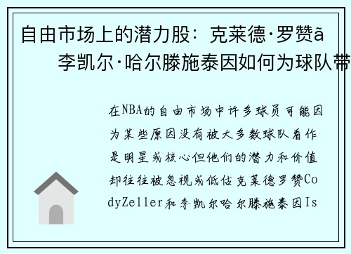 自由市场上的潜力股：克莱德·罗赞、李凯尔·哈尔滕施泰因如何为球队带来惊喜？