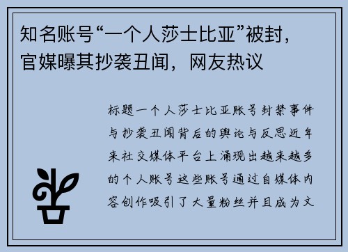 知名账号“一个人莎士比亚”被封，官媒曝其抄袭丑闻，网友热议