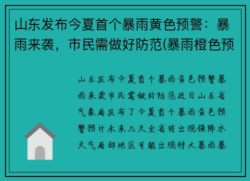 山东发布今夏首个暴雨黄色预警：暴雨来袭，市民需做好防范(暴雨橙色预警山东)