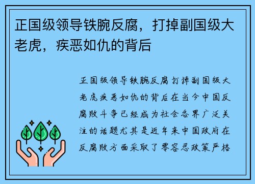 正国级领导铁腕反腐，打掉副国级大老虎，疾恶如仇的背后