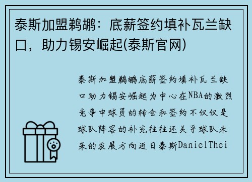 泰斯加盟鹈鹕：底薪签约填补瓦兰缺口，助力锡安崛起(泰斯官网)