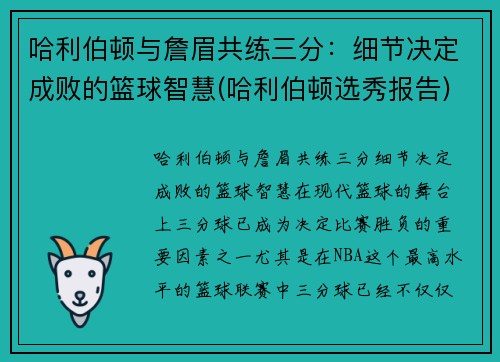 哈利伯顿与詹眉共练三分：细节决定成败的篮球智慧(哈利伯顿选秀报告)