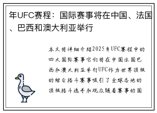 年UFC赛程：国际赛事将在中国、法国、巴西和澳大利亚举行