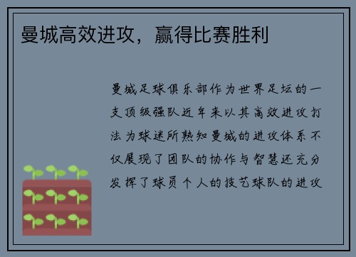 曼城高效进攻，赢得比赛胜利