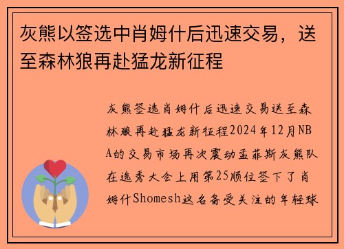 灰熊以签选中肖姆什后迅速交易，送至森林狼再赴猛龙新征程