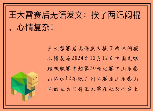 王大雷赛后无语发文：挨了两记闷棍，心情复杂！