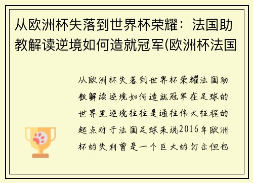 从欧洲杯失落到世界杯荣耀：法国助教解读逆境如何造就冠军(欧洲杯法国队冠军)