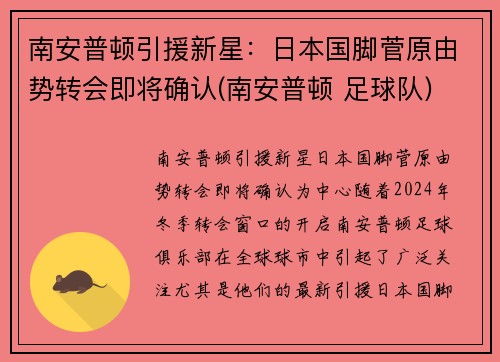 南安普顿引援新星：日本国脚菅原由势转会即将确认(南安普顿 足球队)